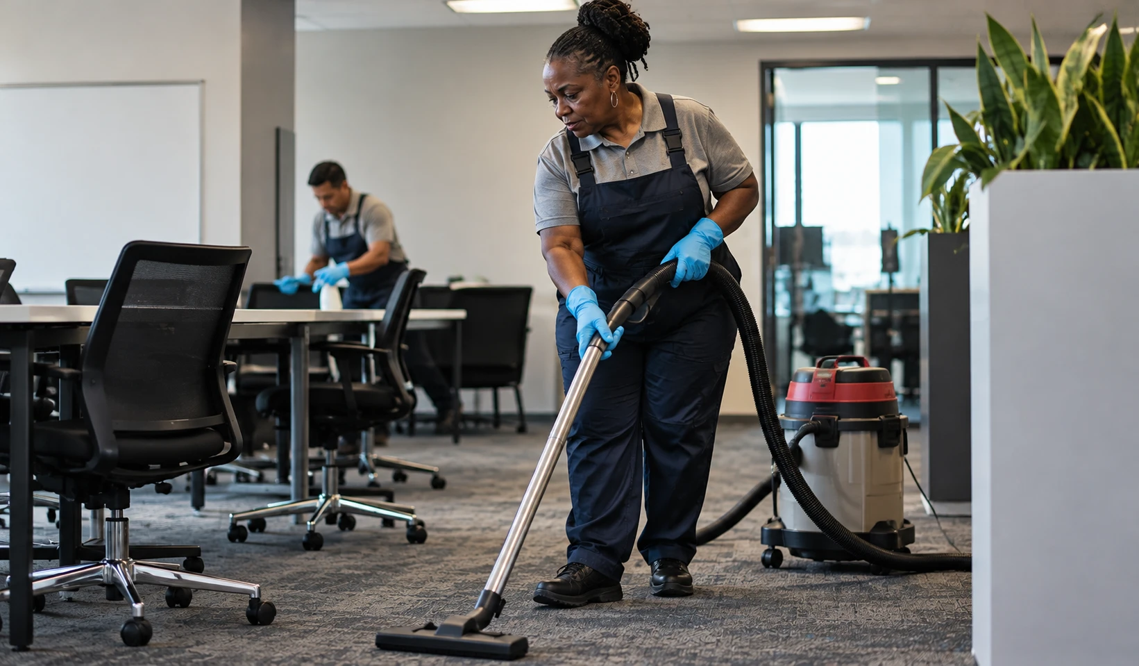 Custodial staff in overalls and gloves vacuuming the carpet and cleaning tables in an office meeting room